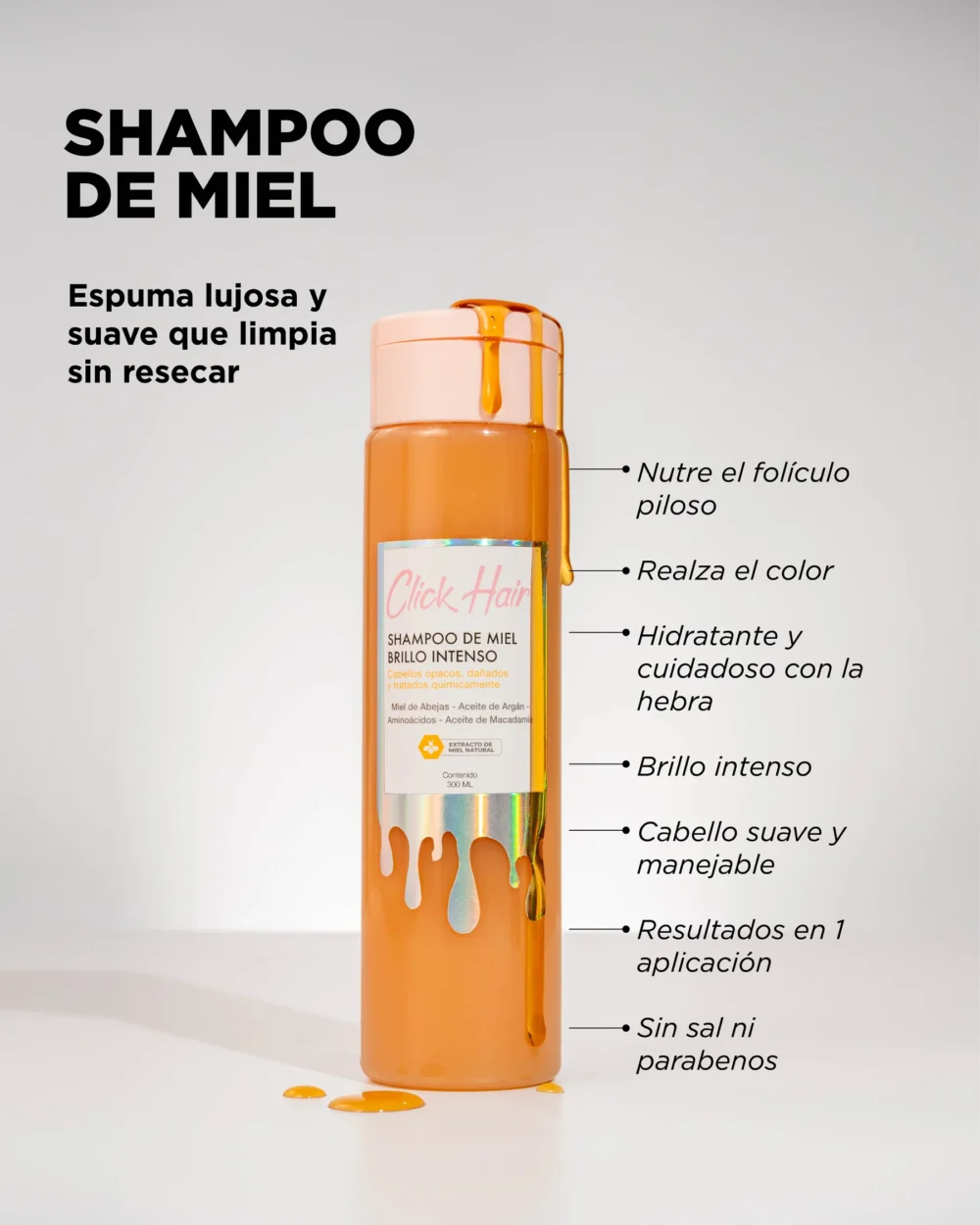 Shampoo de Miel x300 ml. Click Hair - Imagen 3